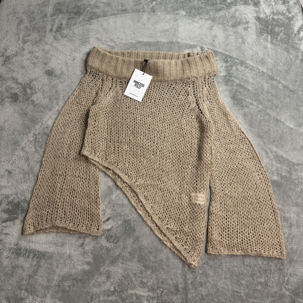 Princess Polly Shego Off The Shoulder Knit Jumper Taupe Asymmetric Sweater NEW